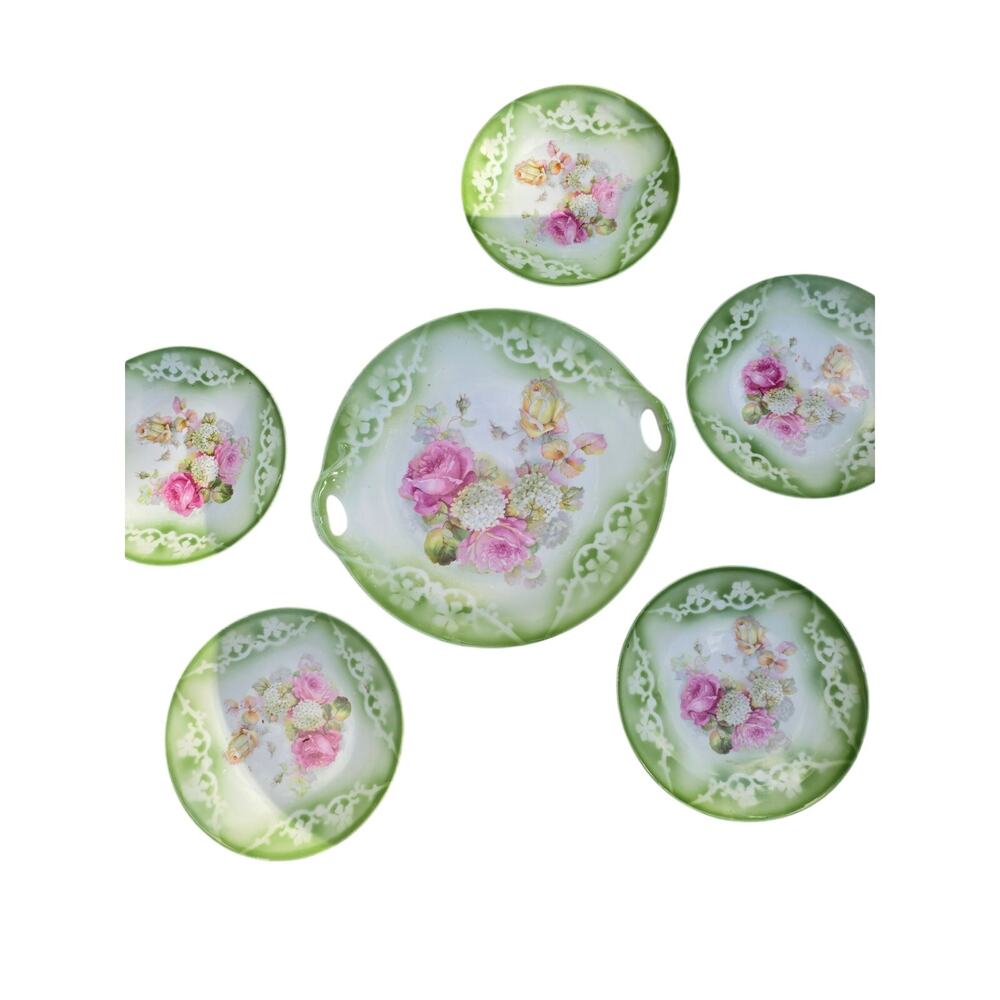Vintage Bavarian Hand Painted 6 Piece Cake Serving Set Pink Floral Green Border